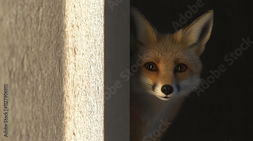 Curious red fox peeking from behind a wall, illuminated by sunlight. photo