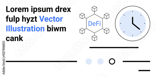 Clock with 12 dots and 2 hands, hexagonal network marked DeFi, black text with Vector Illustration in blue. Ideal for fintech, decentralized finance, blockchain, financial services, technology