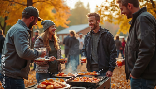 Fototapeta Naklejka Na Ścianę i Meble -  Group of people enjoy lively tailgate gathering outdoors. Grilling food, chatting happily surrounded by autumn leaves. Team flags flutter in breeze. Festive autumnal atmosphere evident. People