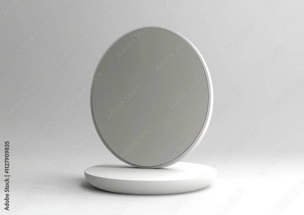 White circular mirror on a stand. White circular mirror on a stand.