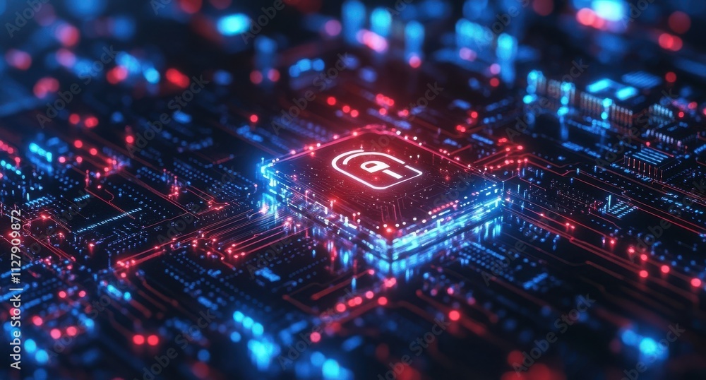 Abstract digital circuit board with glowing blue and red lights, representing technology, innovation, and modern computing in a futuristic style Abstract digital circuit board with glowing blue and red lights, representing technology, innovation, and modern computing in a futuristic style