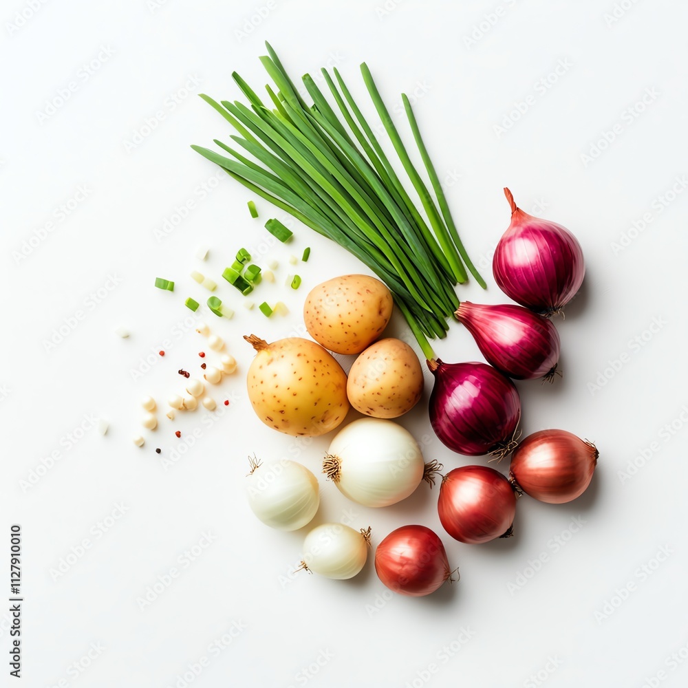 Mixed variety of onions with green onions on a white isolated background. Mixed variety of onions with green onions on a white isolated background.