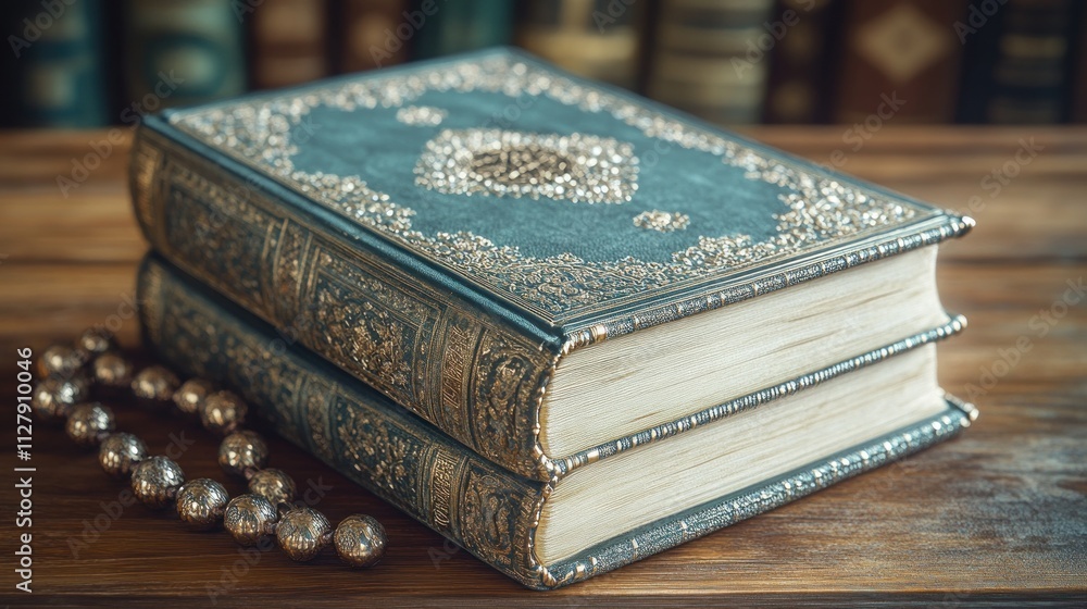 Antique books with rosary on wooden table. Antique books with rosary on wooden table.