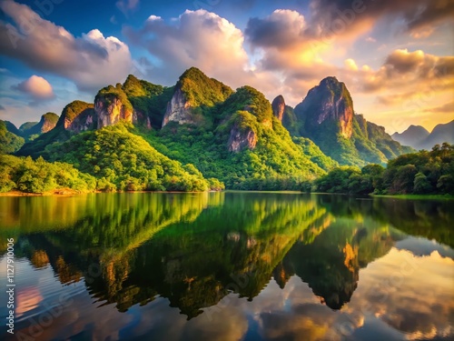 Stunning Layered Mountains Reflected in a Tranquil Reservoir Surrounded by Lush Green Forests and Sunlit Countryside in Jedkod Pongkonsao, Thailand's Natural Beauty photo