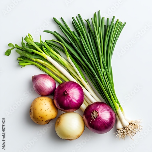 Fresh assorted onions and green onions, white isolate background.