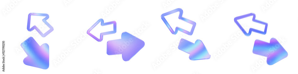 Set of 4 3d glass transfer arrows shape style 1 with aberration effect isolated on a transparent background. Blue tone. 3d transparent elements for graphic design. Set of 4 3d glass transfer arrows shape style 1 with aberration effect isolated on a transparent background. Blue tone. 3d transparent elements for graphic design.