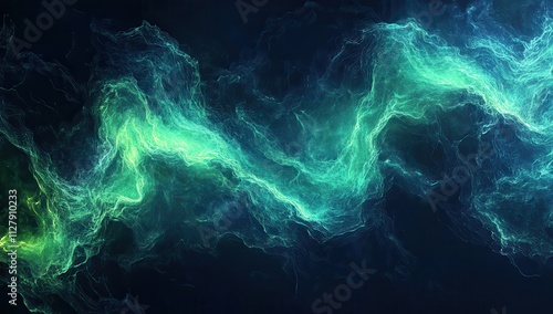 Abstract Digital Energy Flow in Vibrant Green and Blue Colors with a Mysterious Background Creating a Sense of Motion and Depth for Artistic Use