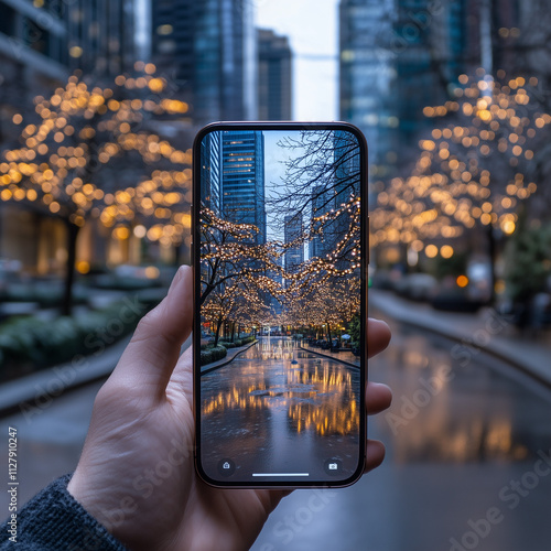 A close-up of a smartphone in hand, blurred urban background with soft natural light, professional and tech-savvy mood, sharp focus on the phone screen