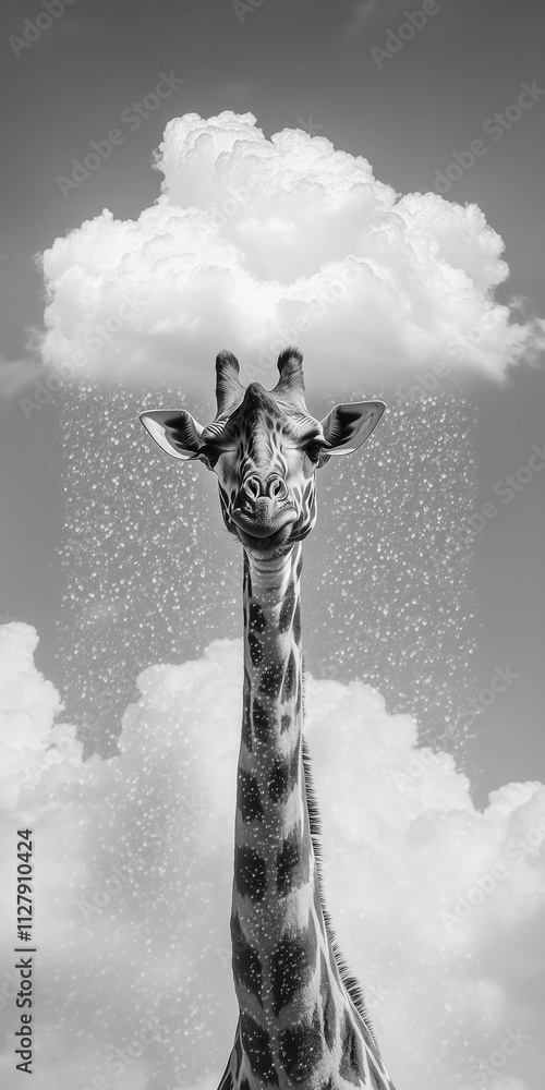 Surreal black and white giraffe portrait with clouds and rain. Surreal black and white giraffe portrait with clouds and rain.