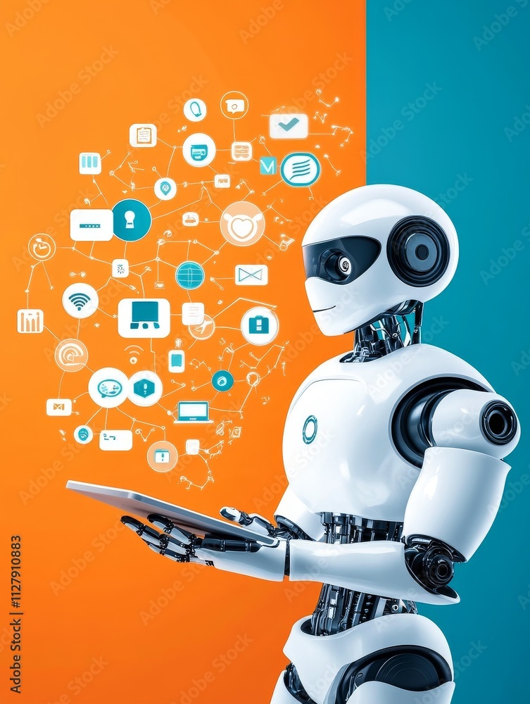 Naklejka premium Robot Using Tablet with Digital Icons - A futuristic robot interacts with a tablet, surrounded by digital icons representing communication, technology, and data processing. Symbolizing AI, innovation,