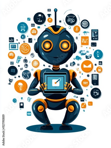 Wallpaper Mural Robot with Digital Technology Icons - A friendly robot holds a tablet, surrounded by various digital icons symbolizing innovation, connection, data, automation, and the future. Torontodigital.ca