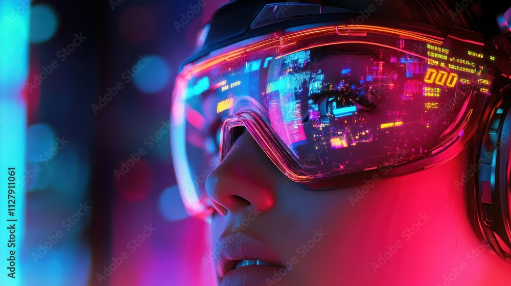 A close-up of a person wearing futuristic augmented reality glasses. A close-up of a person wearing futuristic augmented reality glasses.
