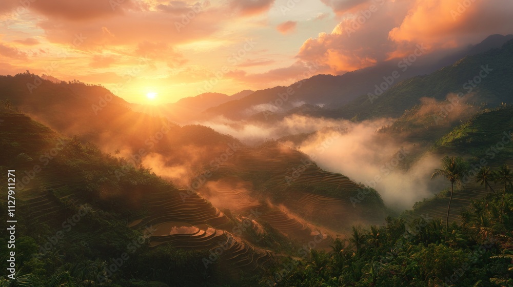 Obraz premium Sunset over misty rice terraces, golden light.