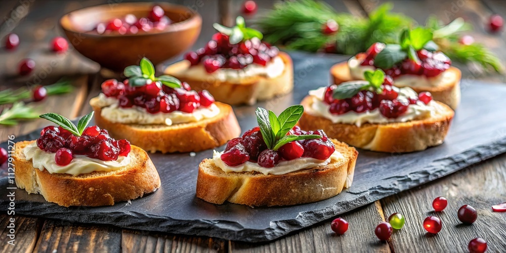 Delicious Cranberry and Cream Cheese Bruschetta Appetizers on a Dark Slate Serving Tray Delicious Cranberry and Cream Cheese Bruschetta Appetizers on a Dark Slate Serving Tray