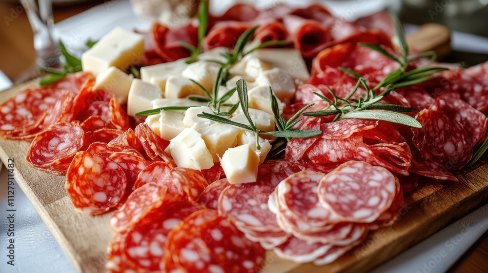 A charcuterie board featuring various meats and cheeses. A charcuterie board featuring various meats and cheeses.