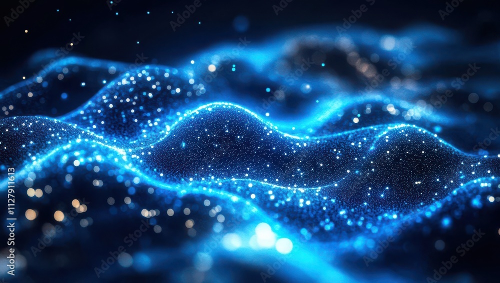 Abstract Glowing Waves of Light and Energy in a Dark Space Reflecting a Cosmic Landscape with Sparkling Particles and Fluid Motion for Digital Art Backgrounds Abstract Glowing Waves of Light and Energy in a Dark Space Reflecting a Cosmic Landscape with Sparkling Particles and Fluid Motion for Digital Art Backgrounds