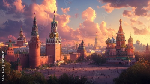 Moscow Kremlin, Red Square, sunset, beautiful cityscape.