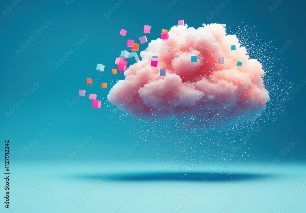 Abstract representation of a fluffy pink cloud surrounded by colorful cubes and particles, creating a whimsical and surreal digital art piece against a blue background Abstract representation of a fluffy pink cloud surrounded by colorful cubes and particles, creating a whimsical and surreal digital art piece against a blue background