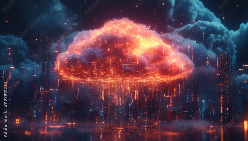 Abstract representation of a futuristic cloud glowing with orange light, surrounded by a high-tech urban landscape featuring glowing data streams and surreal atmospheric effects Abstract representation of a futuristic cloud glowing with orange light, surrounded by a high-tech urban landscape featuring glowing data streams and surreal atmospheric effects