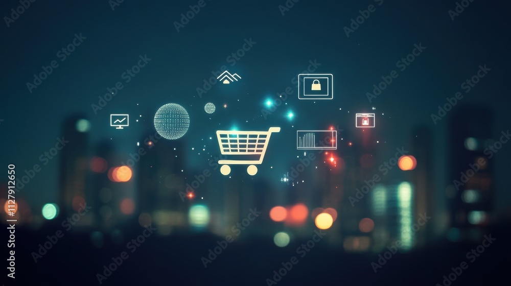 Glowing shopping cart hologram digital sale promotion poster design for holiday shopping season. Glowing shopping cart hologram digital sale promotion poster design for holiday shopping season.