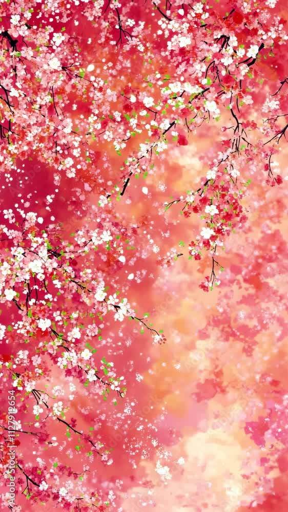 Cherry blossom branches frame a vibrant pink and red background during springtime Cherry blossom branches frame a vibrant pink and red background during springtime