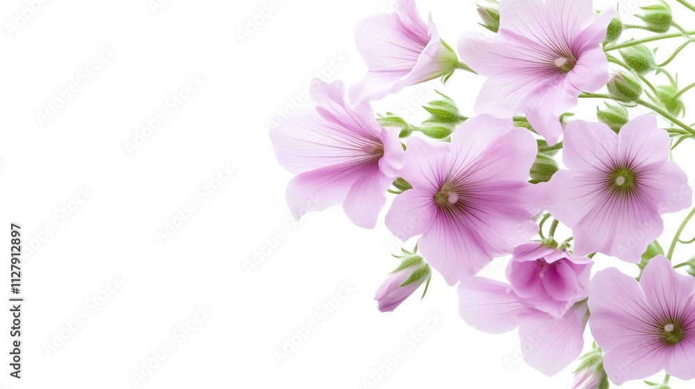 Purple flowers with green leaves on white isolate background. Purple flowers with green leaves on white isolate background.