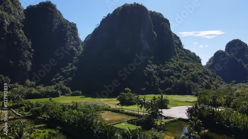 A Picturesque View of Rammang Rammang Karst Village in Sulawesi, Indonesia - Aerial Pullback Shot photo