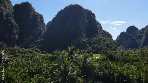 Palm Trees And Limestone Mountains At Rammang Rammang Karst Village In Maros Regency, South Sulawesi, Indonesia. - aerial shot photo