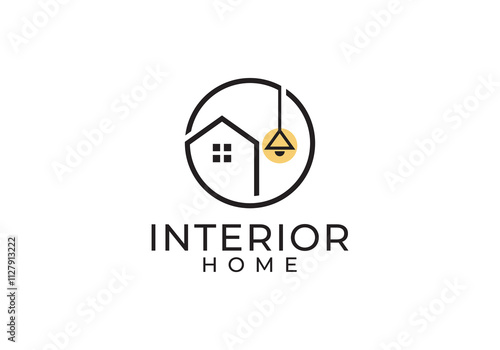 home with logo hanging lamp. house interior furniture line art style icon design vector