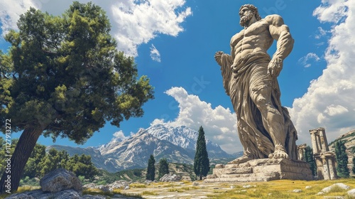 Imposing statue, mountain backdrop, ancient ruins.