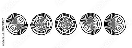 Black radial spiral pattern set. Circular rotating speed line form collection. Spinning circle sound wave concept. Abstract music waveform element pack for icon, badge, logo, tag, label. Vector