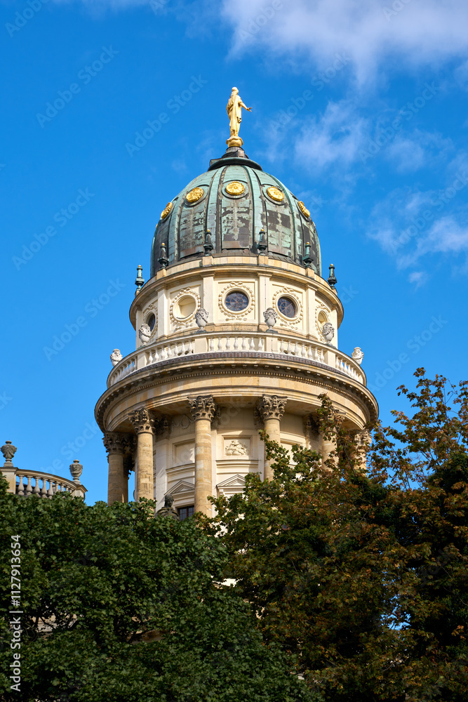 Fototapeta premium New Church Deutscher Dom Berlin vertical. The New Church also known as the German Church on Gendarmenmarkt square. Berlin, Germany.