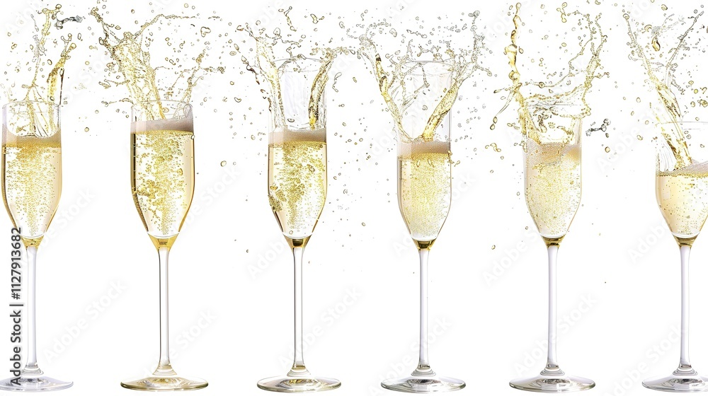 White Wine Champagne Splashing in a Glass on White Background, Sparkling Liquid Display of Elegance and Celebration.