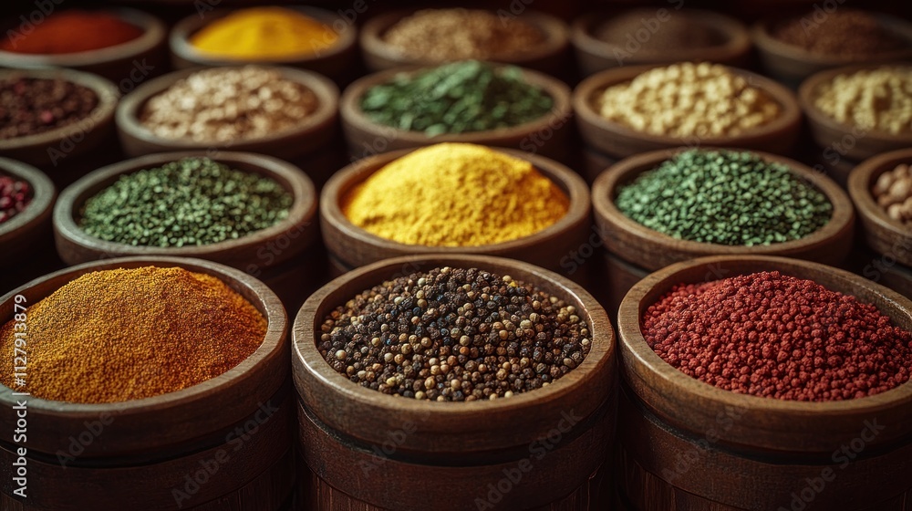Aromatic spice collection in wooden bowls. Aromatic spice collection in wooden bowls.