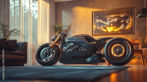 Futuristic Motorcycle Displayed in Modern Living Room Setting photo