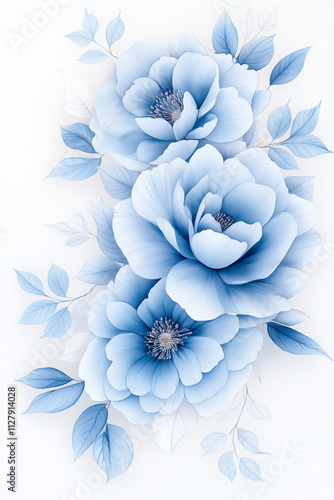 A blue watercolor floral design on a white background, with a soft and delicate color palette of light indigo and navy blue. The flowers include large petals resembling peonies or roses.  