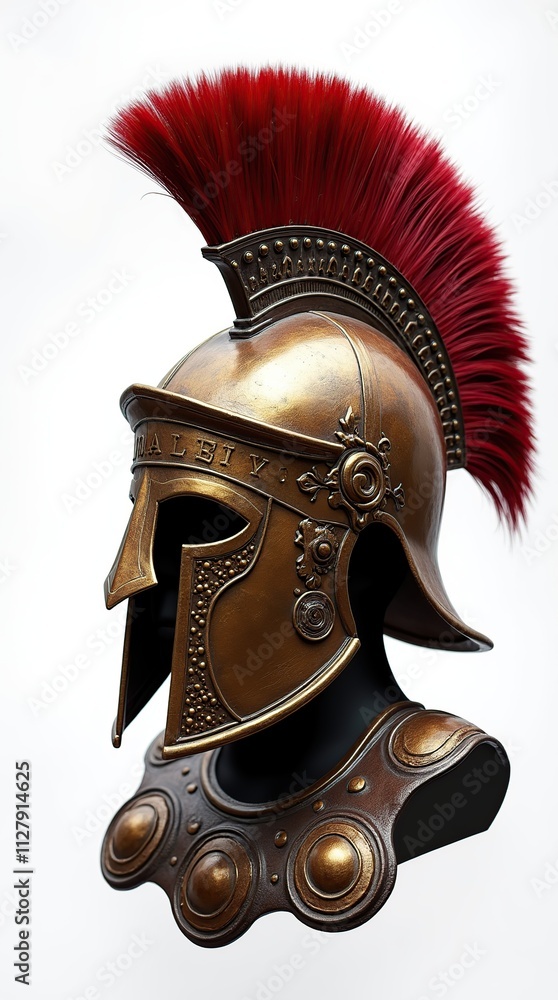 Fototapeta premium Vintage Carthaginian Warrior Helmet With Red Crest on White Background