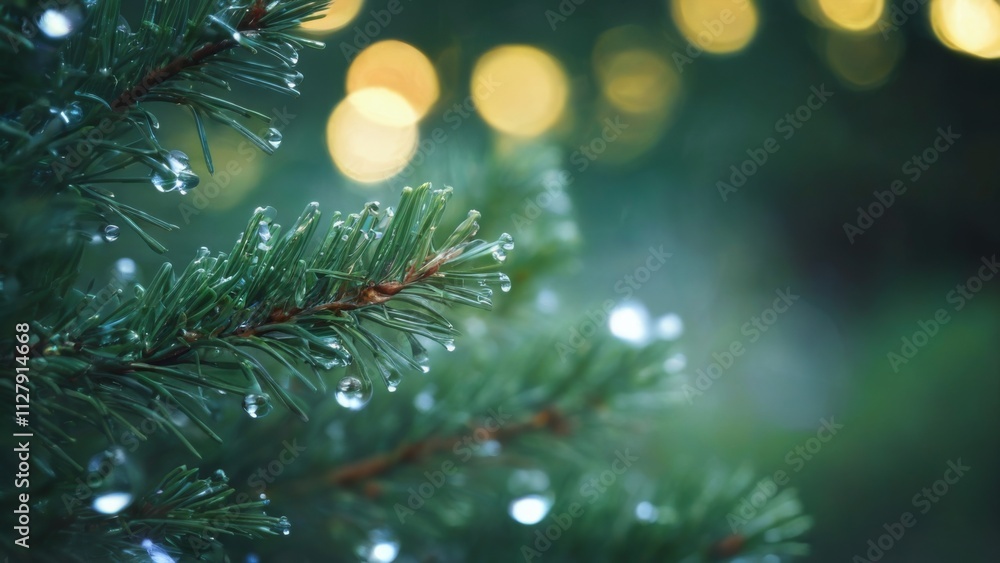 Pine tree branch with sparkling water droplets in a fresh forest environment with green foliage and bokeh lights. Pine tree branch with sparkling water droplets in a fresh forest environment with green foliage and bokeh lights.
