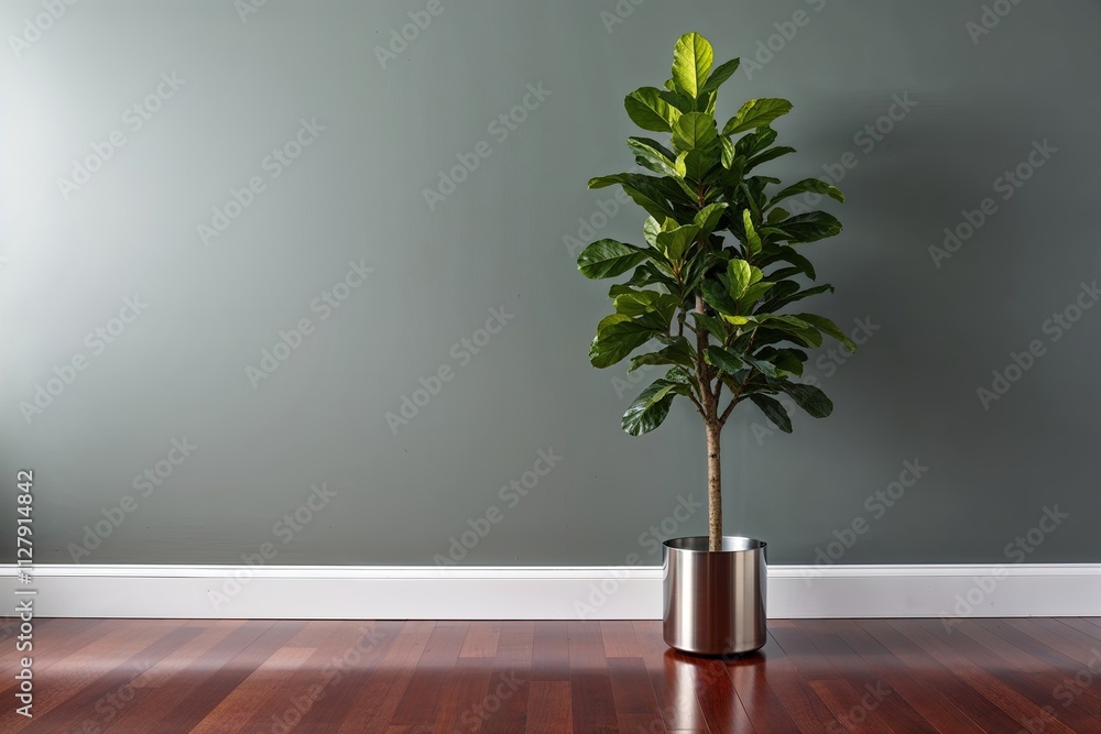 Fototapeta premium Sage Grey Walls Bright Rubber Tree Modern Metal Pot Rich Cherry Flooring for Elegant Interior Design and Home Decor