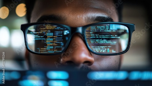 Wallpaper Mural Close-up of a programmer's face with glasses reflecting colorful code, symbolizing technology, innovation, and modern programming practices in a creative workspace. Torontodigital.ca