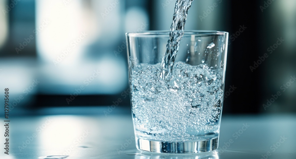 Water pouring into a glass on a table. Water pouring into a glass on a table.