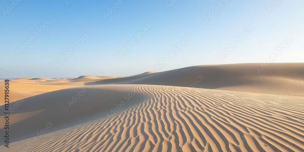 Naklejka premium Deserted sand dunes under clear blue sky on Dutch Wadden Islands, scenic, summer