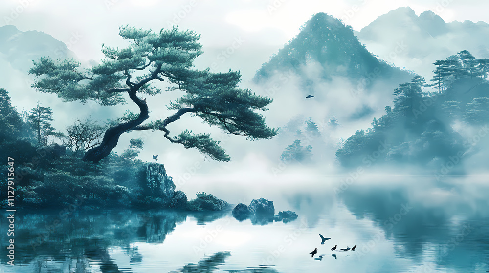 Tree by the lake. misty landscape. tree with birds in the japanese garden. the mural, wallpaper for interior printing. Fresco. Illustration Tree by the lake. misty landscape. tree with birds in the japanese garden. the mural, wallpaper for interior printing. Fresco. Illustration