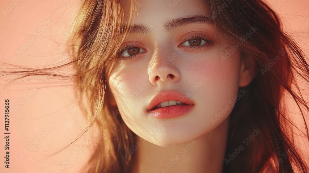 Beautiful Woman with Long Hair in Soft Pink Background Natural Light Minimalistic Portrait Beautiful Woman with Long Hair in Soft Pink Background Natural Light Minimalistic Portrait