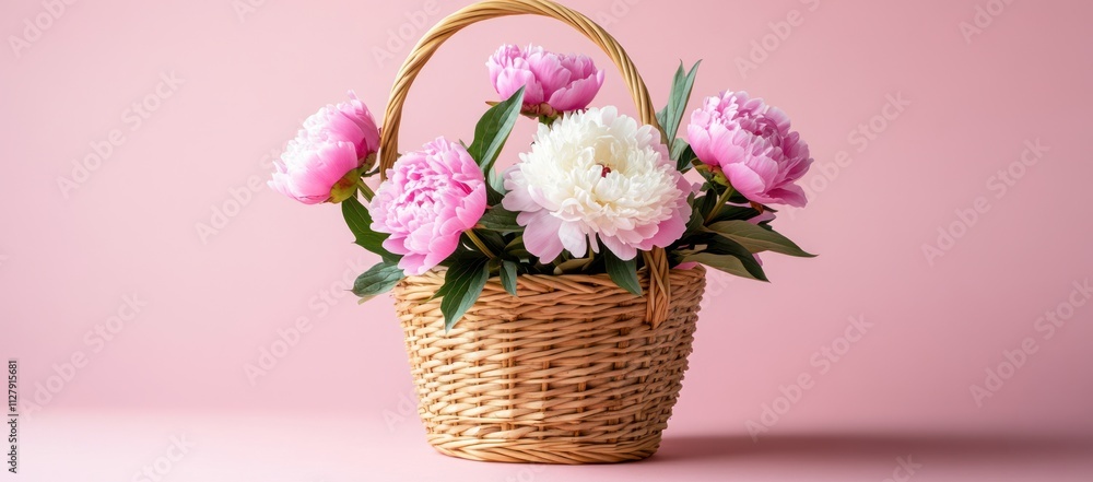Pink and white peonies in a wicker basket on a pink background. (2) Pink and white peonies in a wicker basket on a pink background. (2)