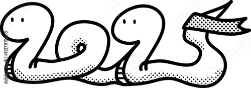 2025の形をしたヘビのイラスト　モノクロ水玉