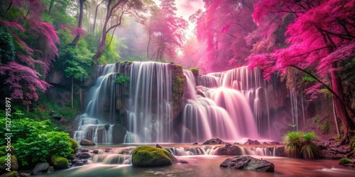 A dreamy pink waterfall plunges through a magical, enchanted forest; a surreal nature scene.