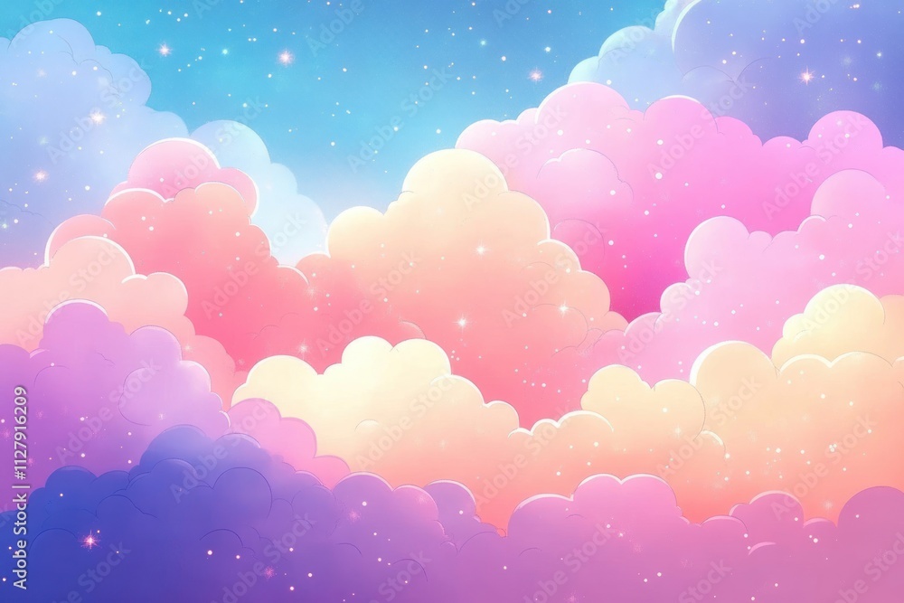 Glittering Stars and Fluffy Clouds in a Colorful Pastel Background Glittering Stars and Fluffy Clouds in a Colorful Pastel Background