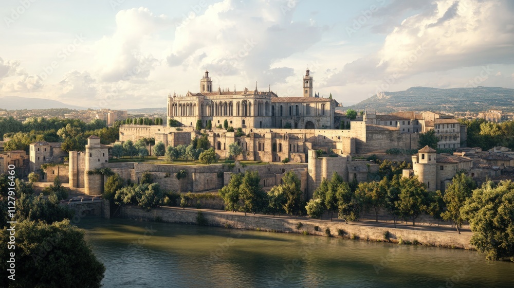 Fototapeta premium Ancient palace, river, and city walls.