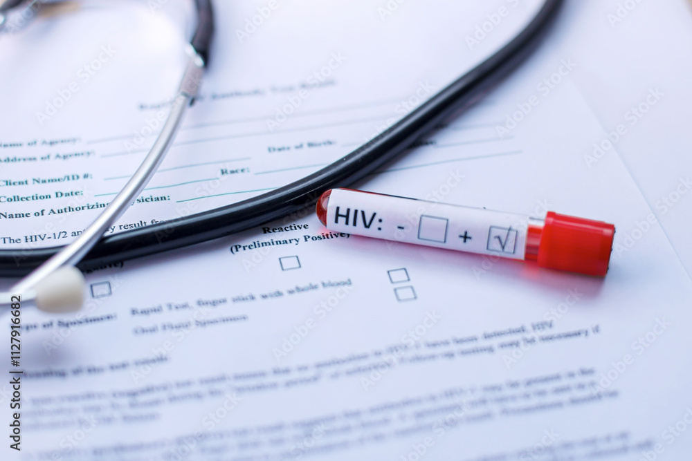 High Angle of Stethoscope and HIV Test Tube With Blood Plasma on Medical Report
